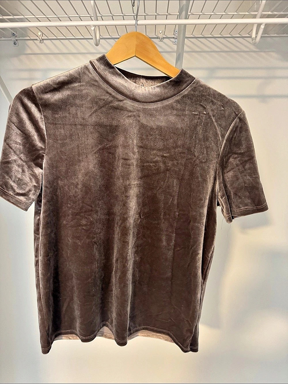 Zara Trafaluc Velvet Mock Neck Short Sleeve Top Brown Medium